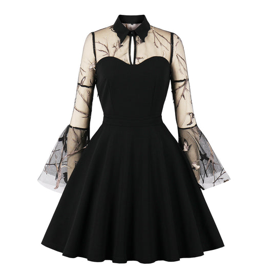 Women's Mesh Embroidered Bell Sleeve Patchwork Retro Dresses