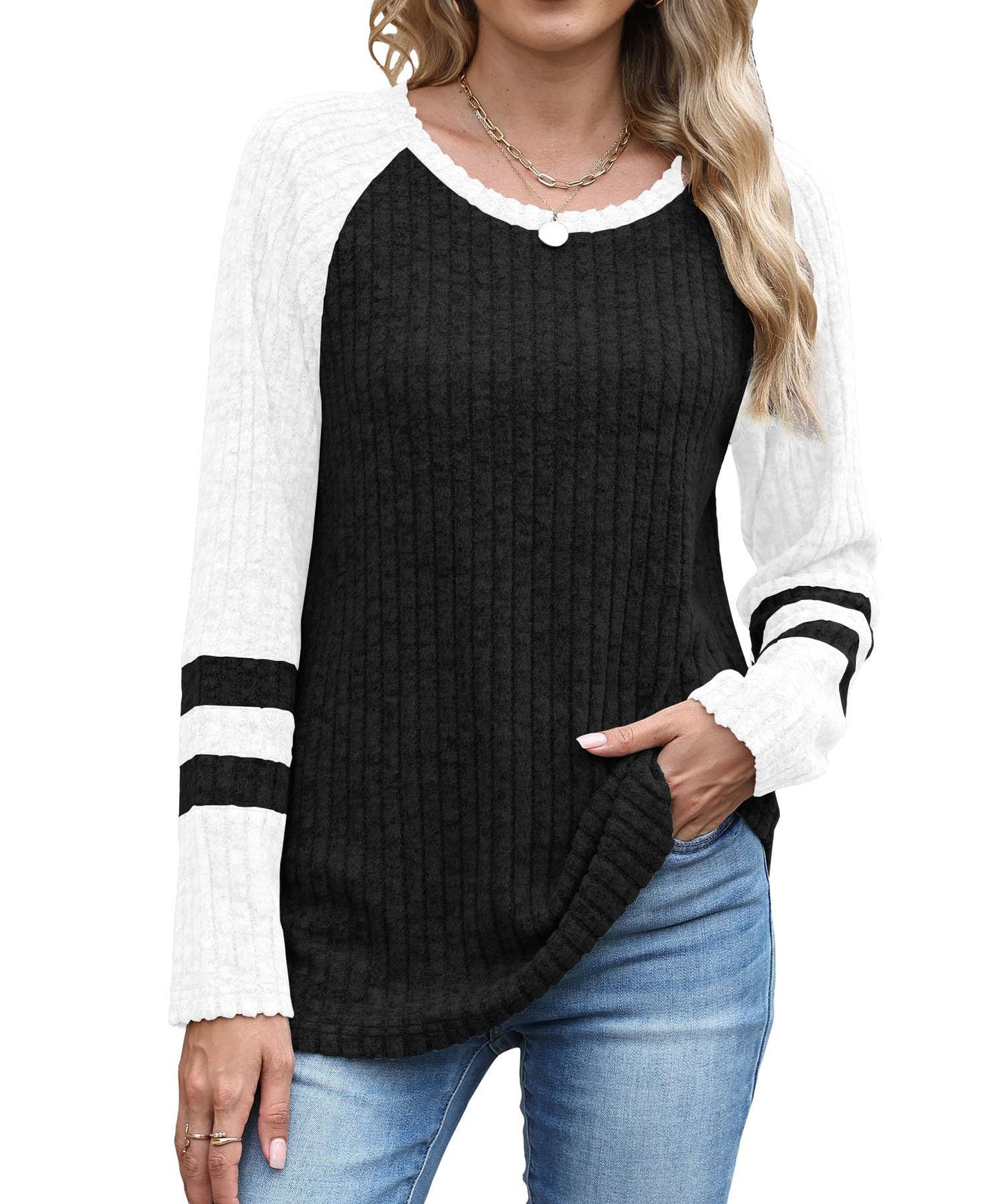Women's Autumn Fashion Long Sleeve Contrast Color Round Neck Bottoming Sweater
