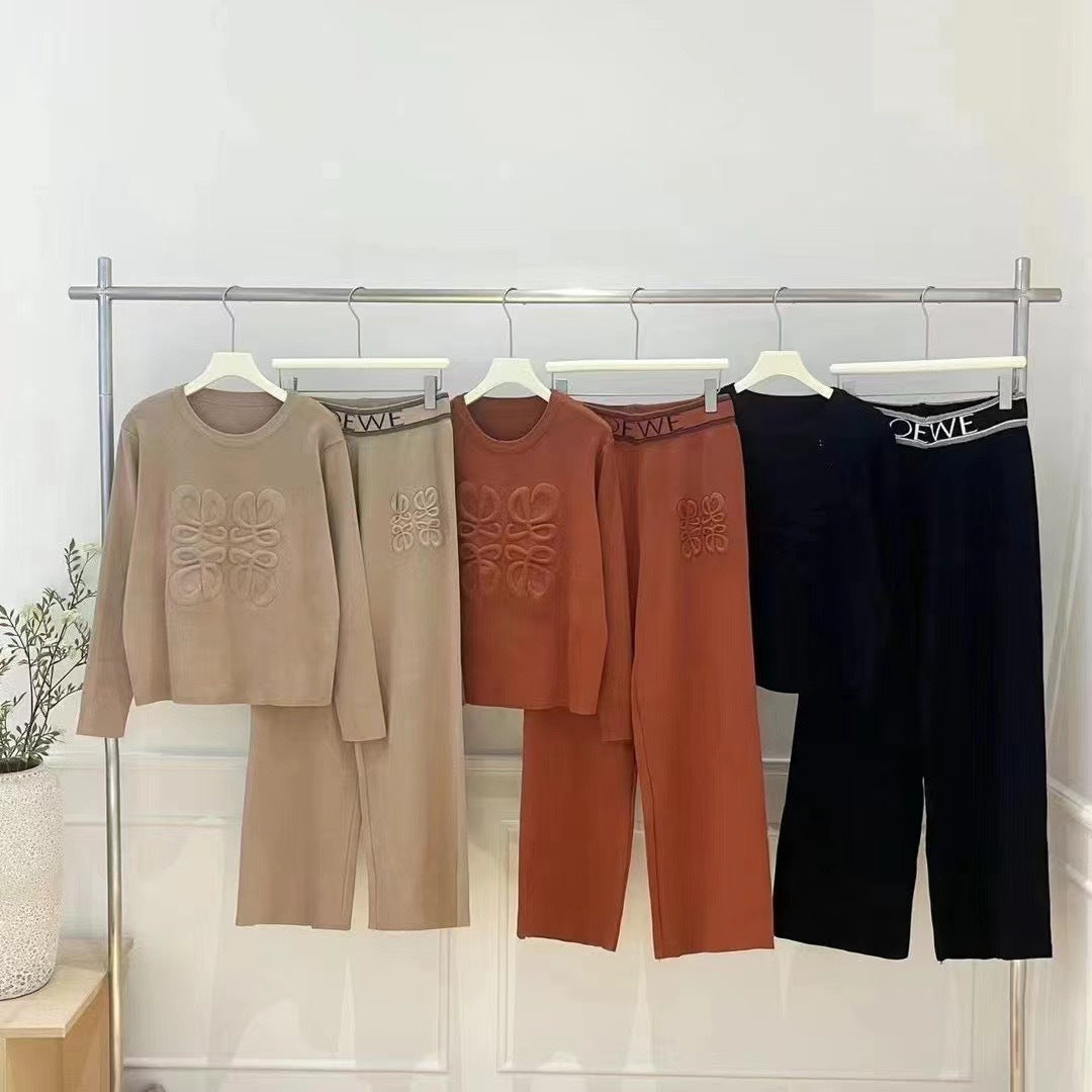 Women's Korean Loose Jacquard Knitted Two-piece Casual High Waist Suits