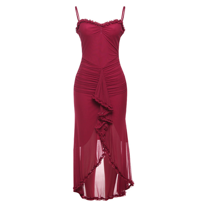 Women's Backless Mesh Suspender Dress Solid Color Dresses