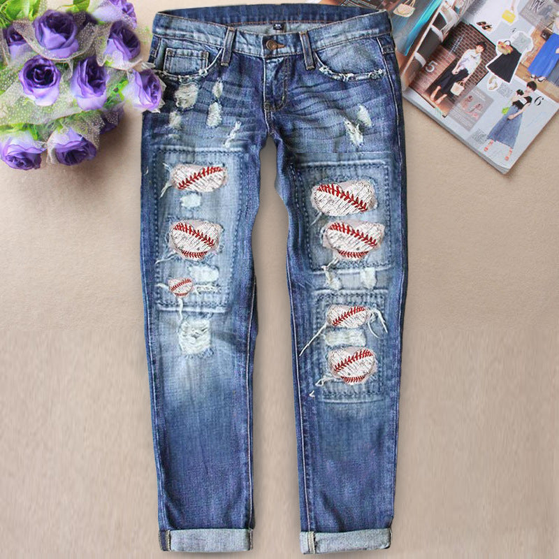Women's Baseball Fashion Holes Printed Straight Casual Jeans