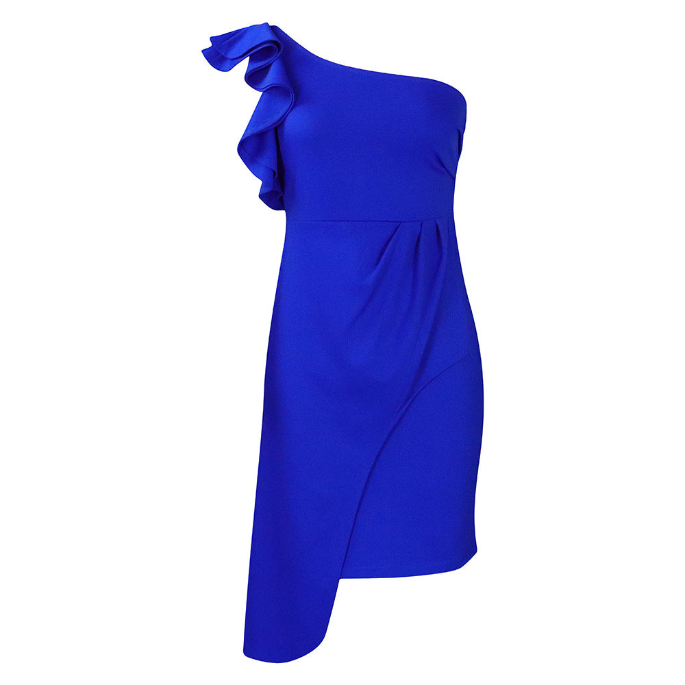 Women's Fashion Diagonal Collar Ruffled Sheath Temperament Ol Pencil Dress