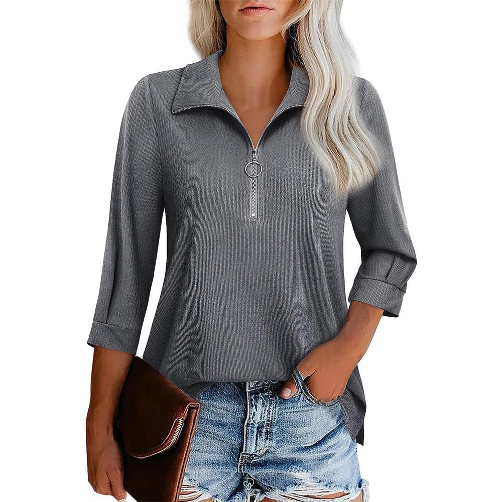 Women's Cool Three-quarter Sleeve Zipper T-shirt Blouses
