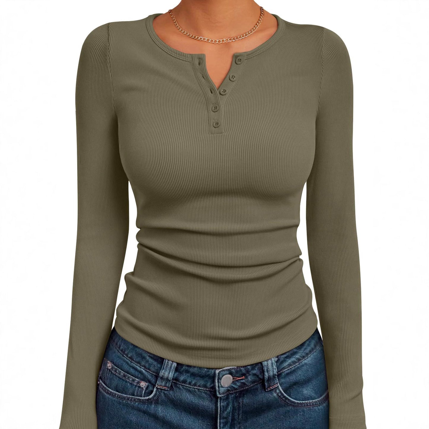 Women's Long Sleeve Button Rib Slim Fit Women's Sweater