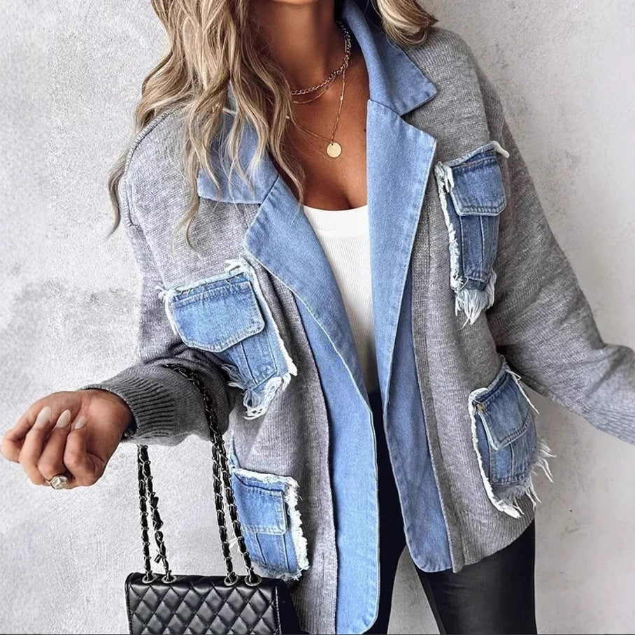 Women's Comfortable Creative Russian Denim Stitching Knitwear