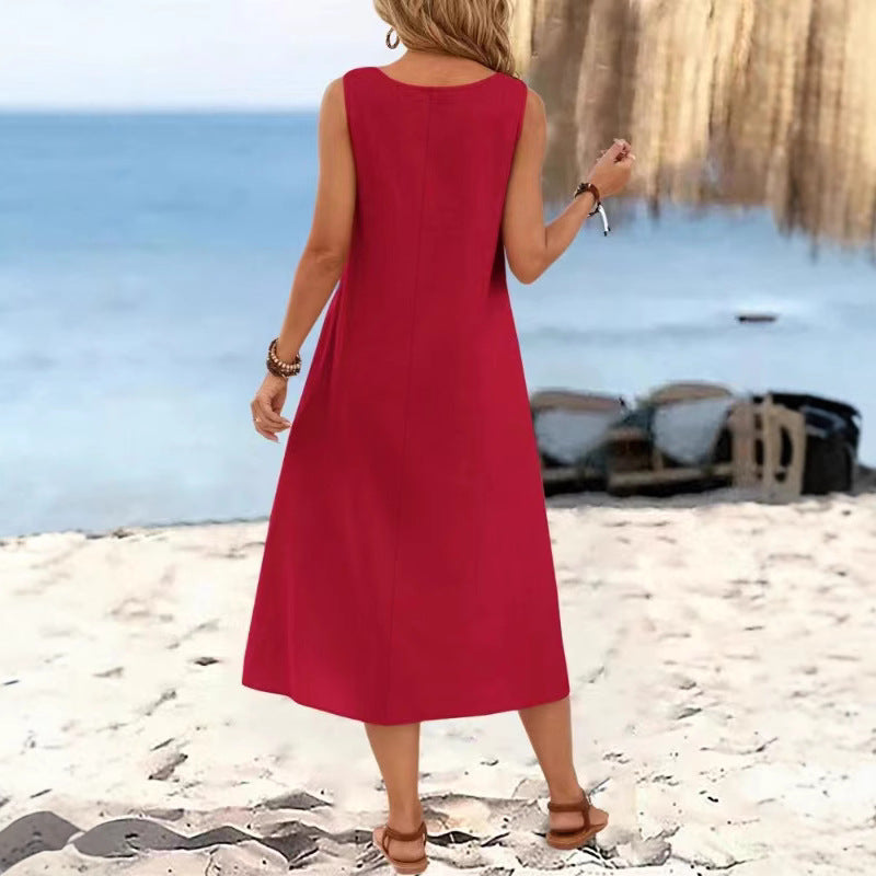 Women's Summer Elegant Style Solid Color Ring Buckle Dress