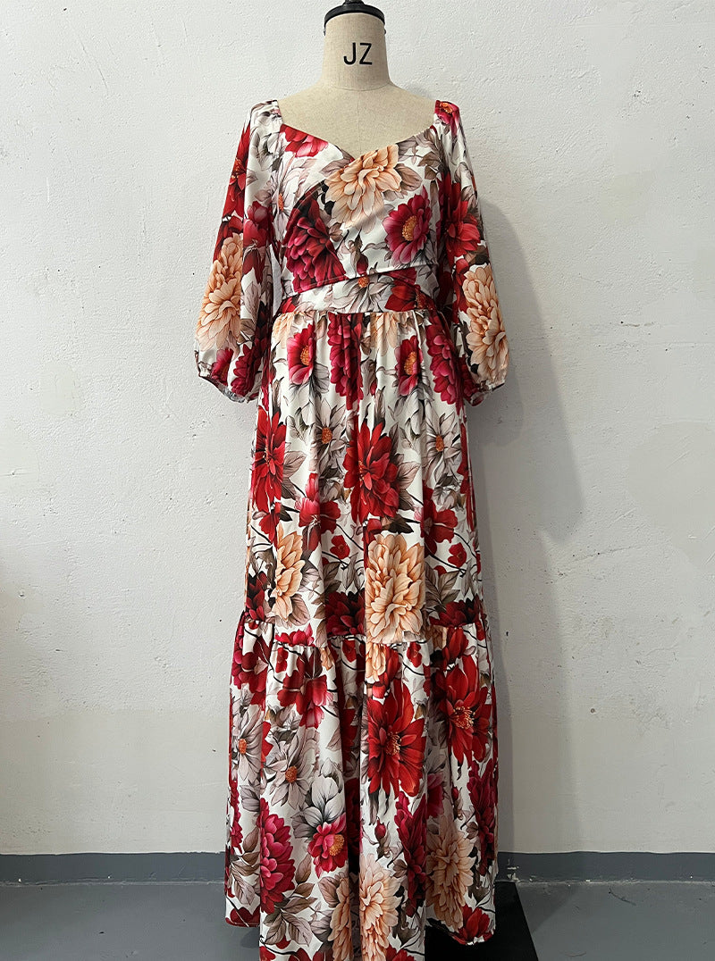 Women's Autumn Elegant Fashion Printed Half Sleeve Large Dresses