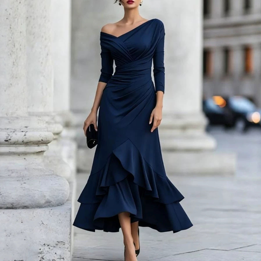 Women's Autumn Crimp Ruffled Long Sleeve Elegant Slim Dress