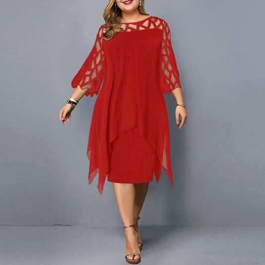 Lace Stitching Sleeve Irregular Hem Chiffon Dresses