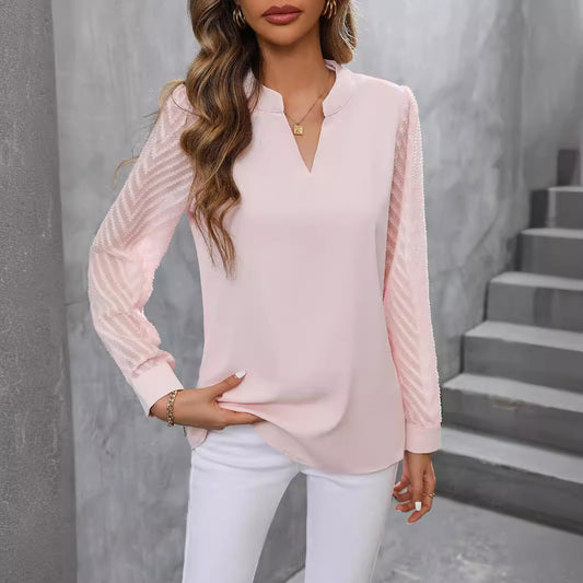 Autumn Fashion Ladies Chiffon Patchwork Long Sleeve Solid Blouses