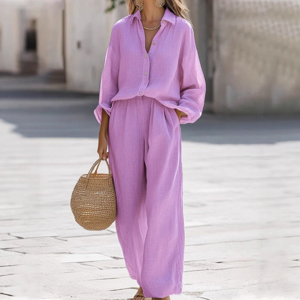 Women's Lapel Long Sleeve Shirt Trousers Cotton Fashion Casual Suit