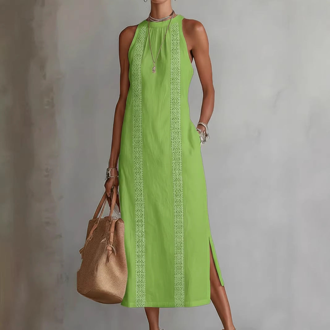 Women's Spring Clothes Halter Vacation Solid Color Lace Stitching Dress