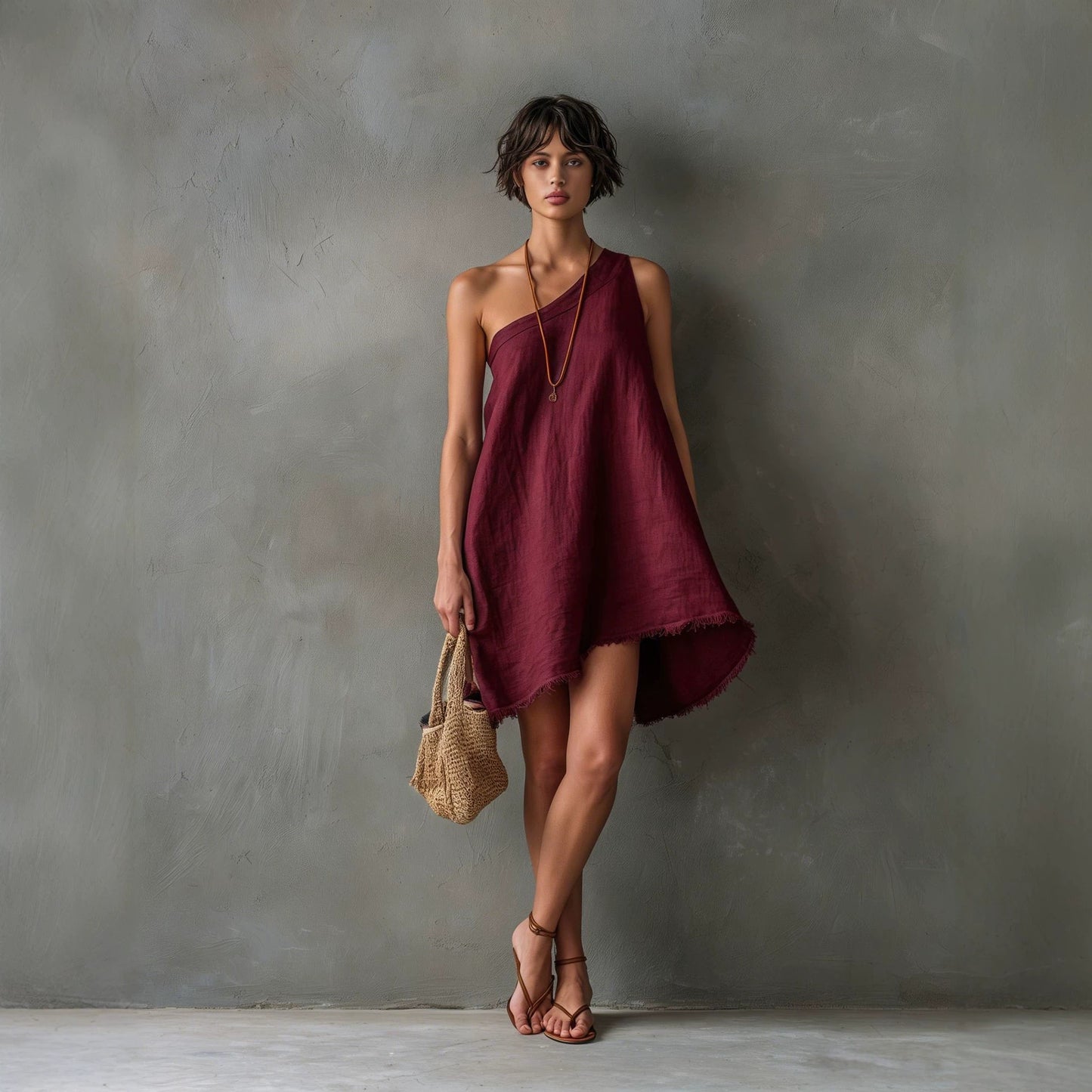 Women's Minimalist Linen Blend Shoulder Sleeveless Frayed Dress