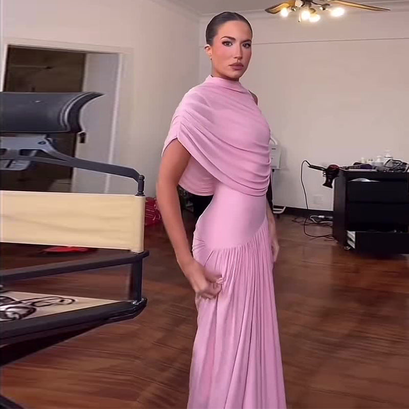 Women's Elegant Pink Stitching Ruffle Long Dress Dresses