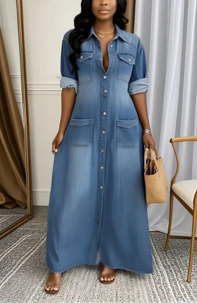 Women's Wear Lapel Wash Patchwork Pocket Casual Dresses