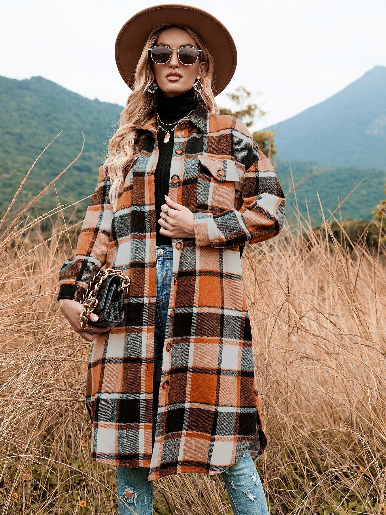 Women's Elegant Long Trench Lapel Pocket Plaid Coats