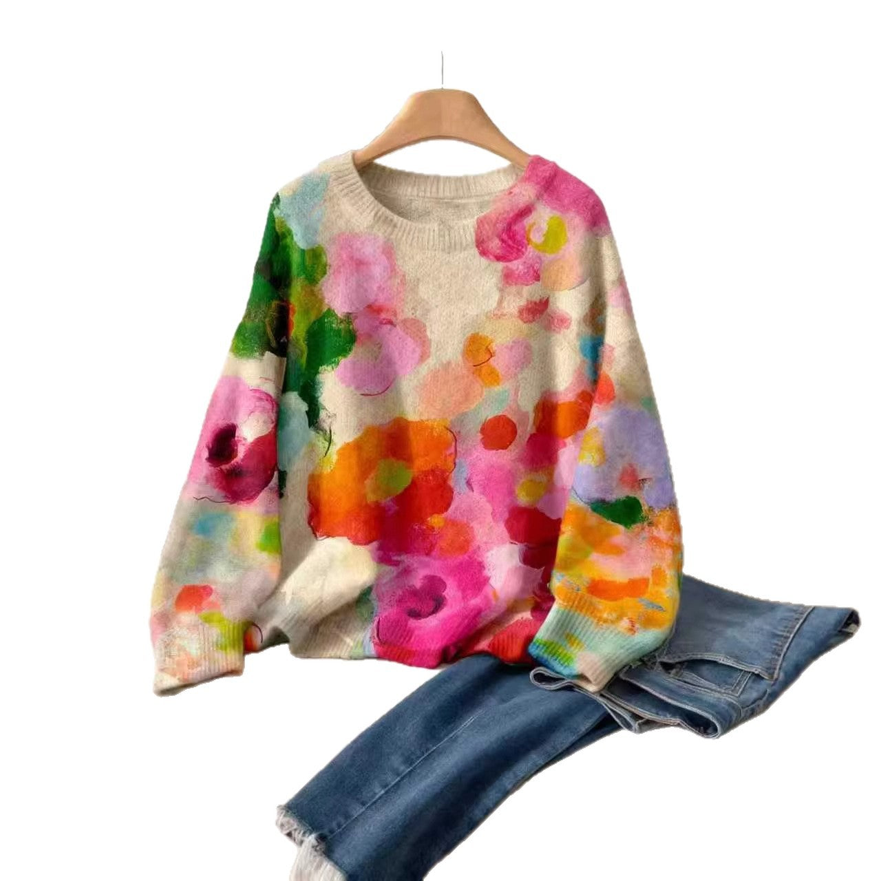 Women's Fashion Floral Print Casual Elegant Wear Match Round Neck Knitwear