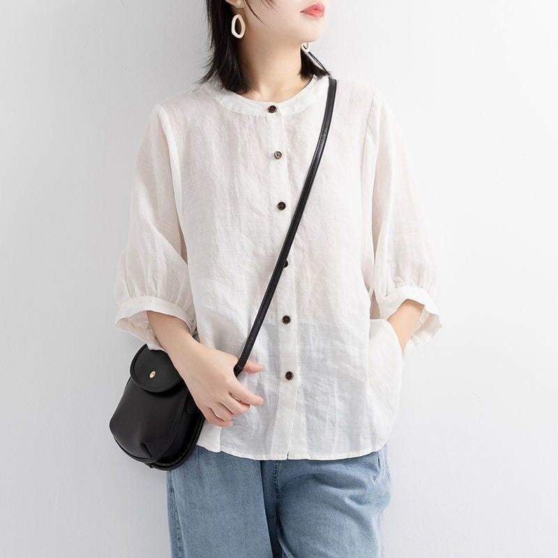 Women's Summer Cotton Shirt Lantern Sleeve Retro Blouses
