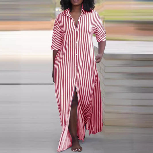 Women's Summer Fashion Loose Long Striped Shirt Dresses
