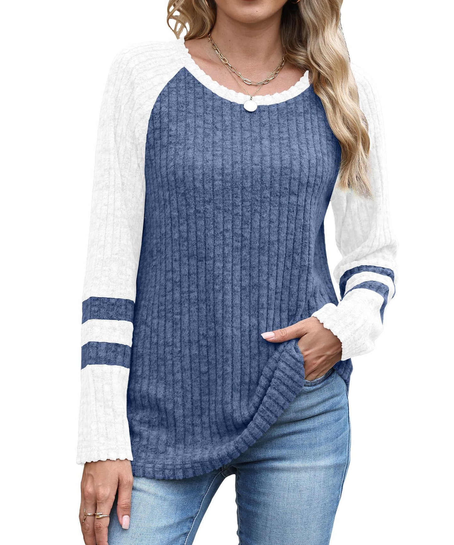 Women's Autumn Fashion Long Sleeve Contrast Color Round Neck Bottoming Sweater