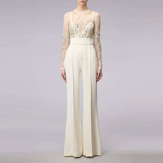 Fashion Mesh Patchwork Sequin Bead Diamond Jumpsuits