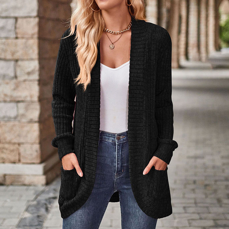 Sleeve Solid Color Rib Fabric Brushed Stitching Women's Sweater