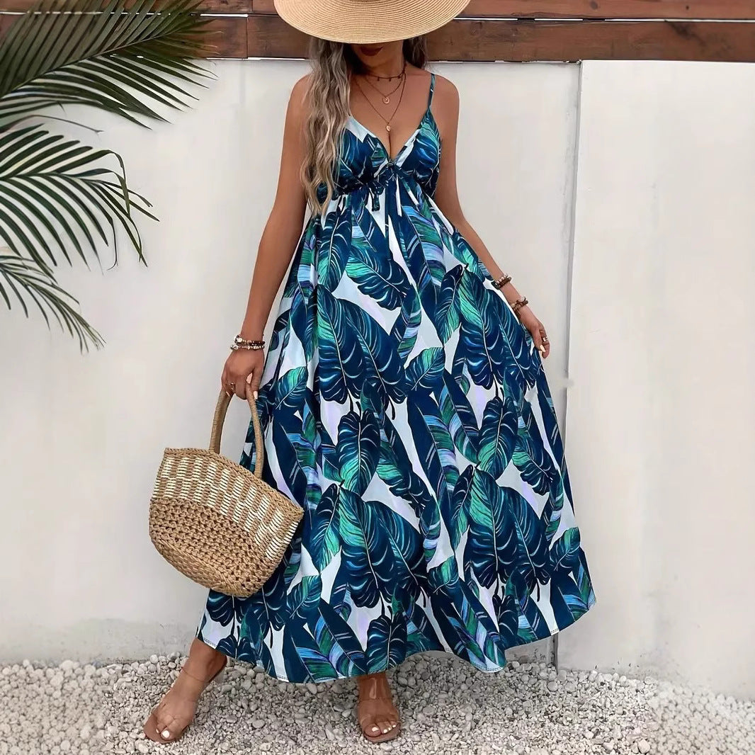 Summer Printed Spaghetti Straps Sleeveless Tropical Printing Dress