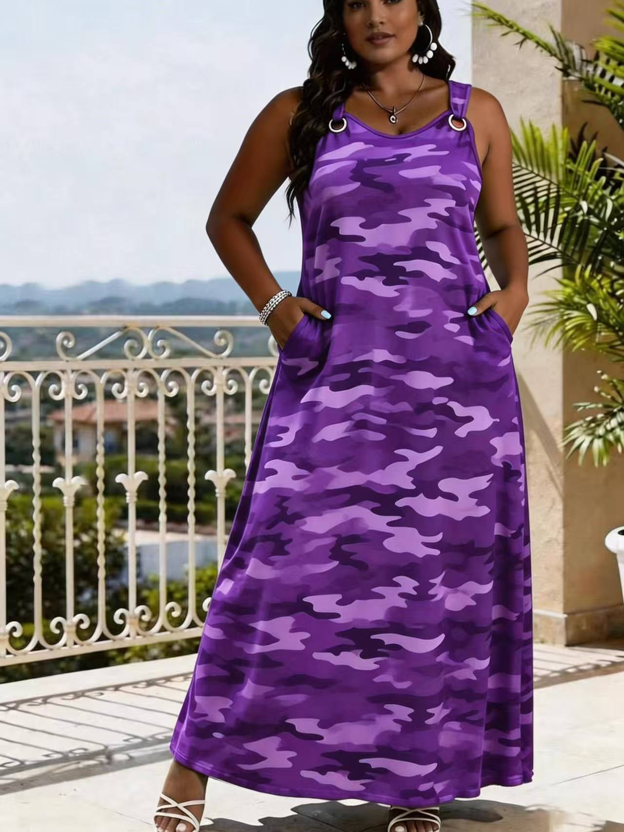 Women's Elegant Sleeveless Camouflage Print Maxi Dress