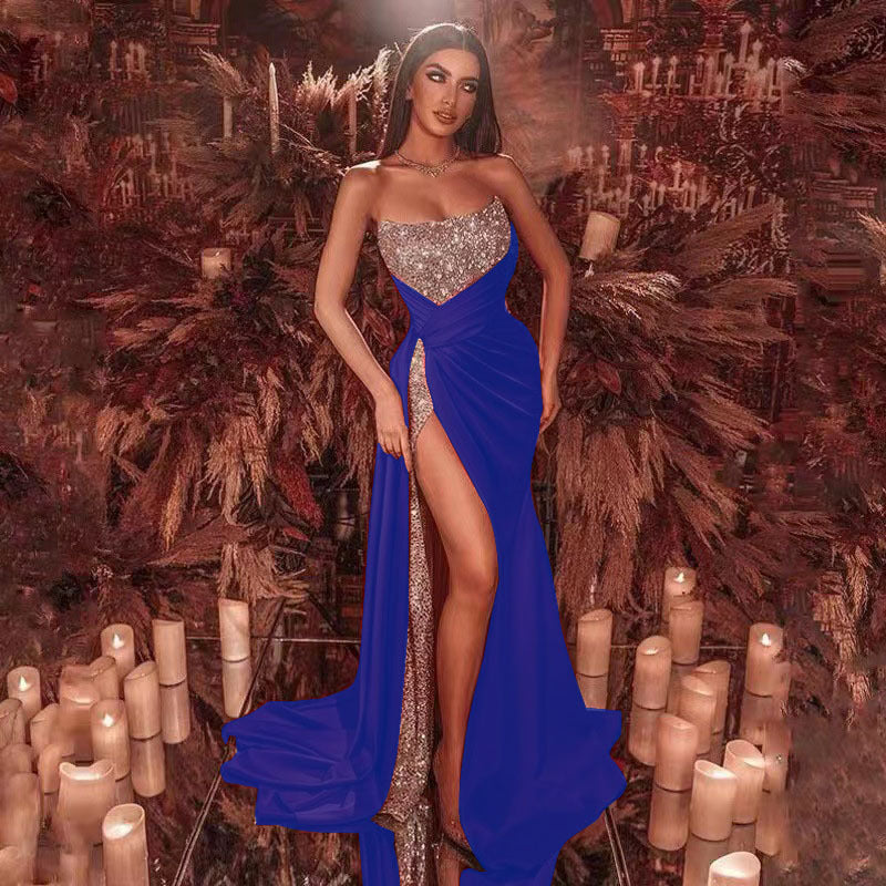 Women's Sequined Slit Long Dress Sexy Tube Dresses