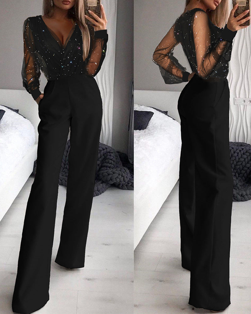 Black Rhinestone Sexy Sleeveless Fitted Waist Pants