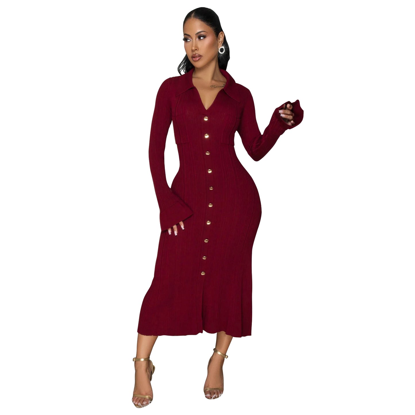Women's Fashion Wear Solid Color Dress Single-breasted Dresses