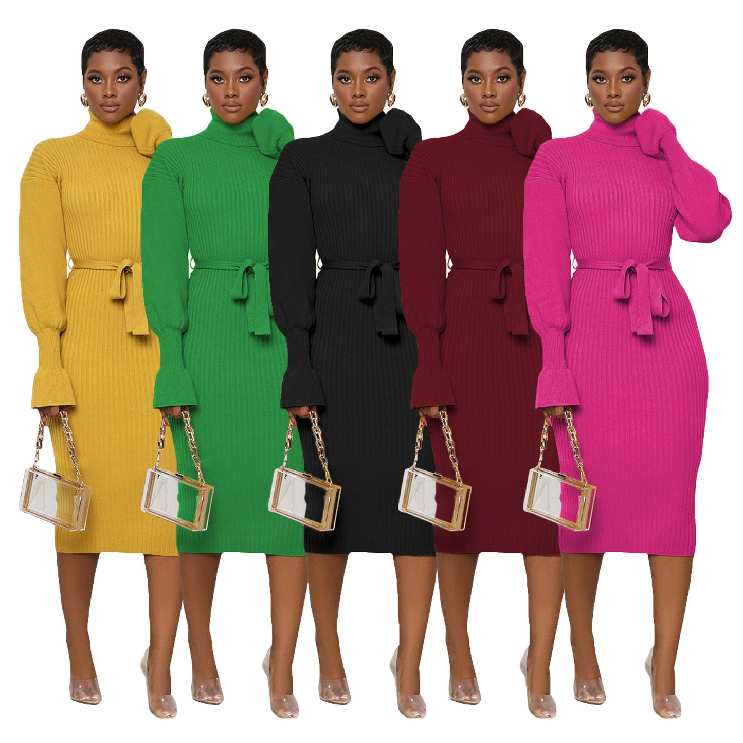 Women's Solid Color Turtleneck Knitting Tied Dress Dresses