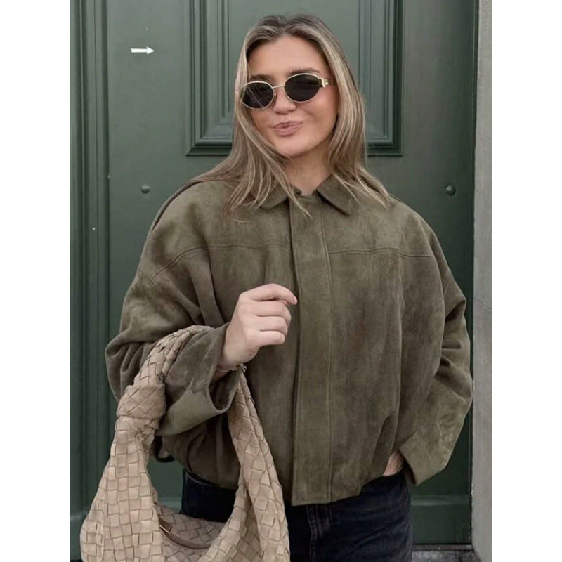 Women's Spring Suede Texture Lapel Bomber Jackets