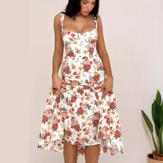 Women's Spicy Style Sling Solid Color Swing Floral Dresses