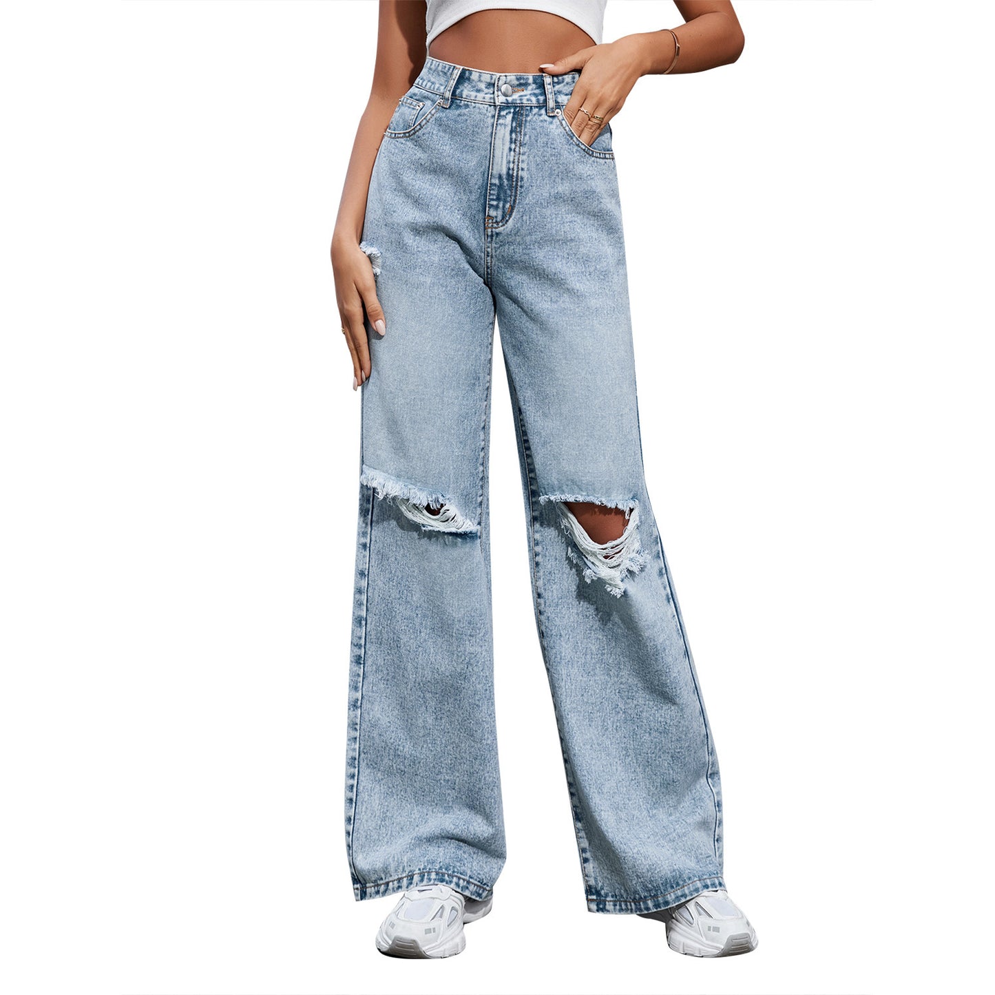 Women's Fashion Holes High Waist Wide Leg Jeans