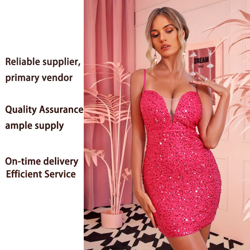 Women's Strap Sequins Temperament Party Sexy Backless Dress