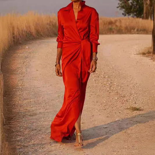 Women's Up High Waist Slit Mop Dress Long Sleeve Dresses
