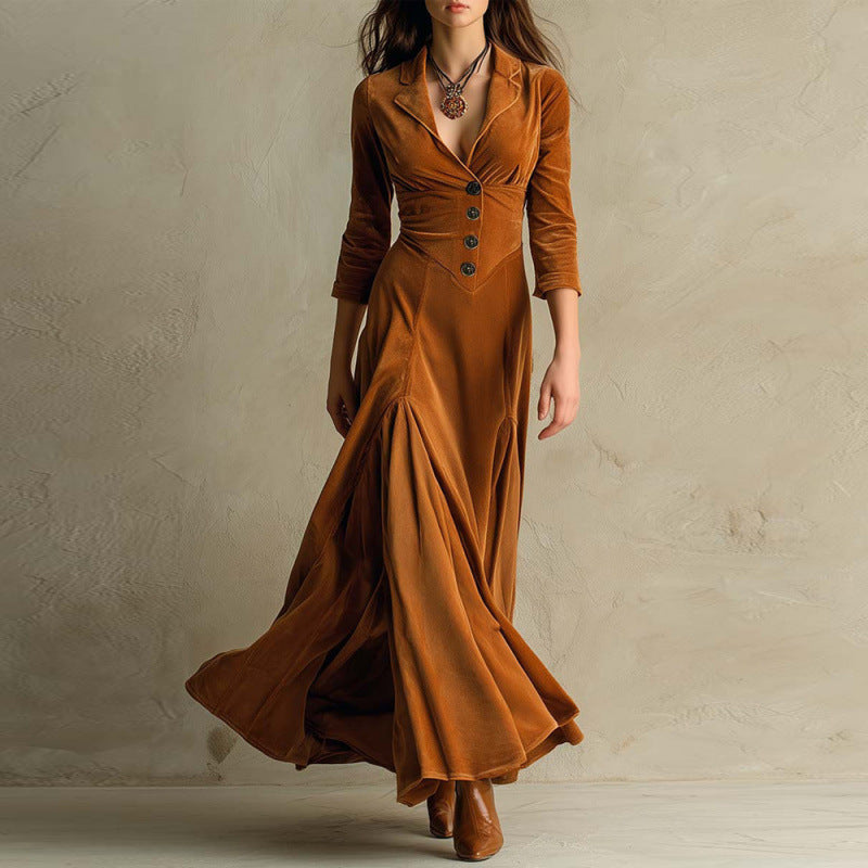 Women's Veet Lapel Temperament Long Sleeve Big Dresses