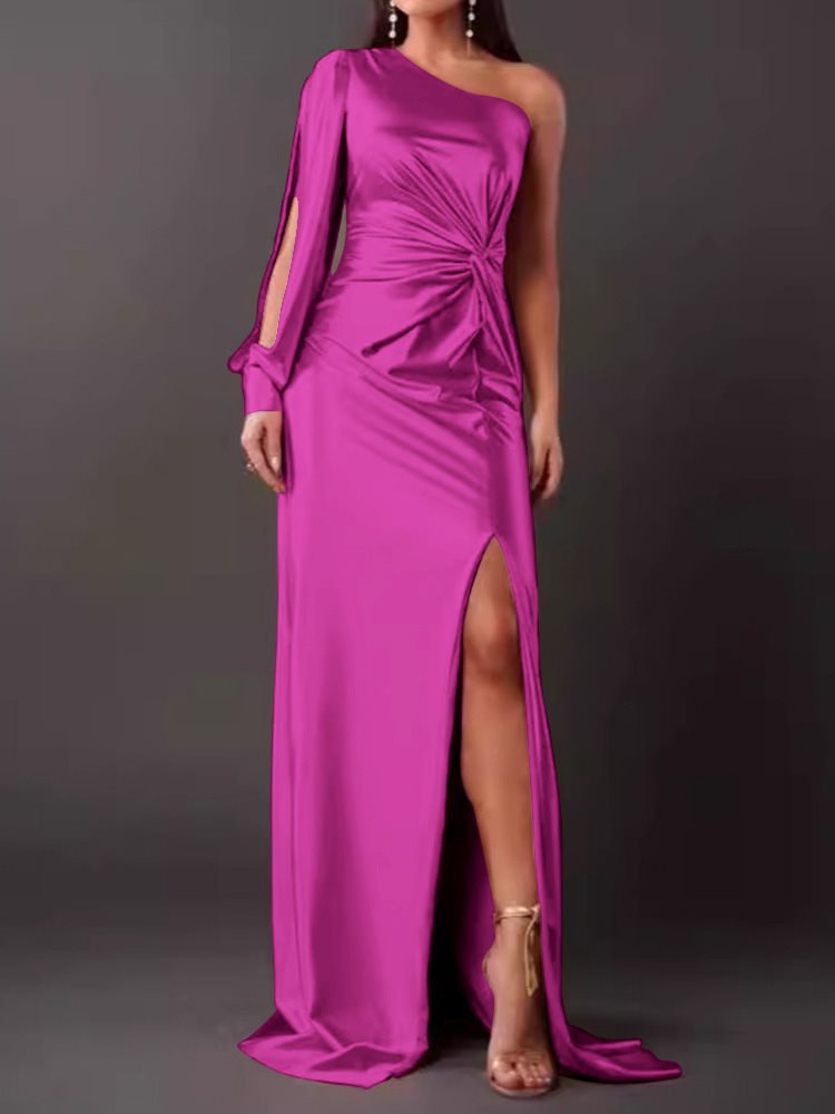 Women's Summer Diagonal Collar Raglan Sleeve Pleated Waist Tight Dresses