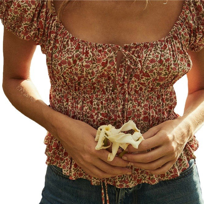 Women's Summer Print Floral Square Collar Sleeve Blouses