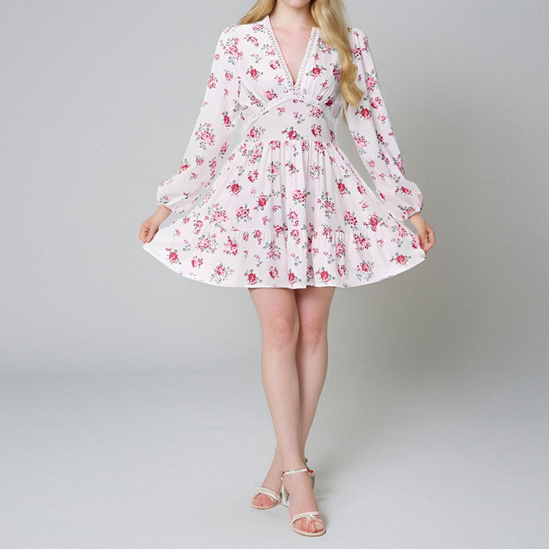 Women's Spring Sweet Printed Lace Long Sleeve Dresses