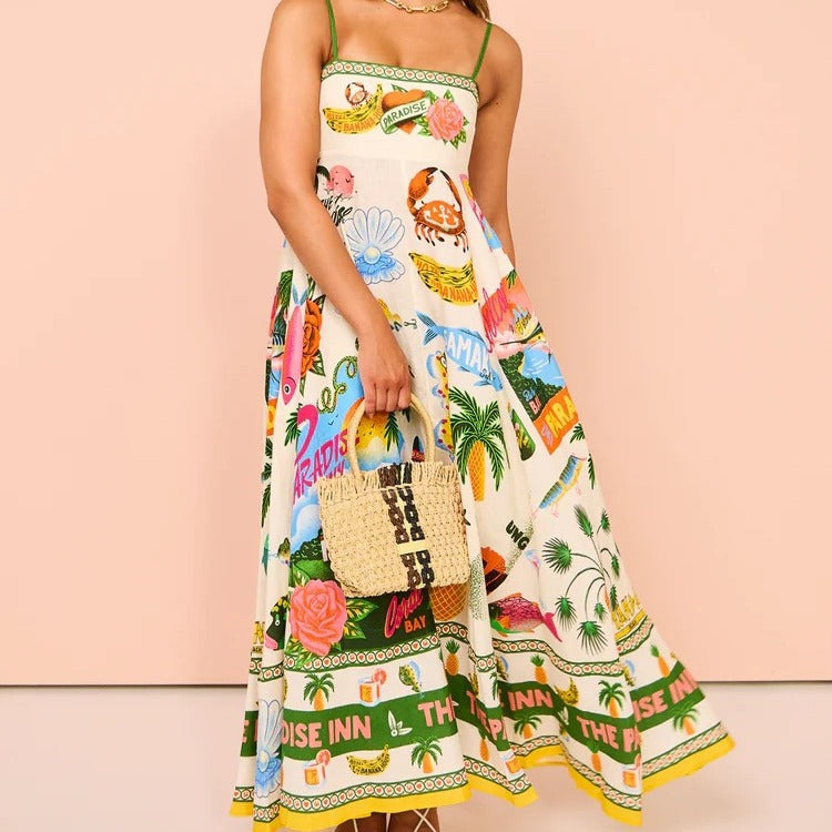 Women's Sexy Strap Iti Linen Printed Large Dress
