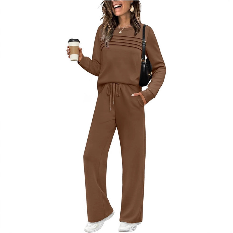 Women's Autumn Long Sleeve Round Neck Elastic Waist Trousers Fashion Casual Suit