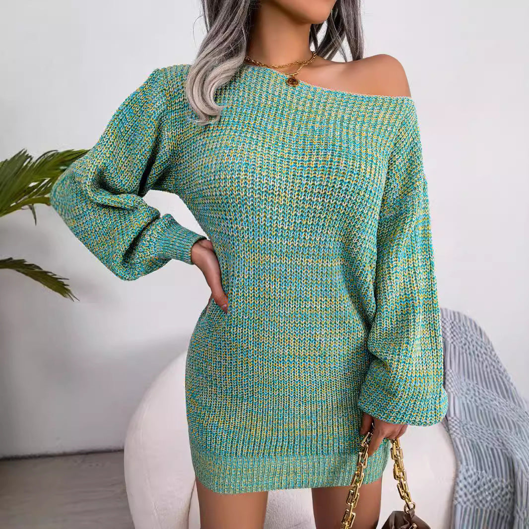 Women's Casual Collar Color Lantern Sleeve Knitted Dress