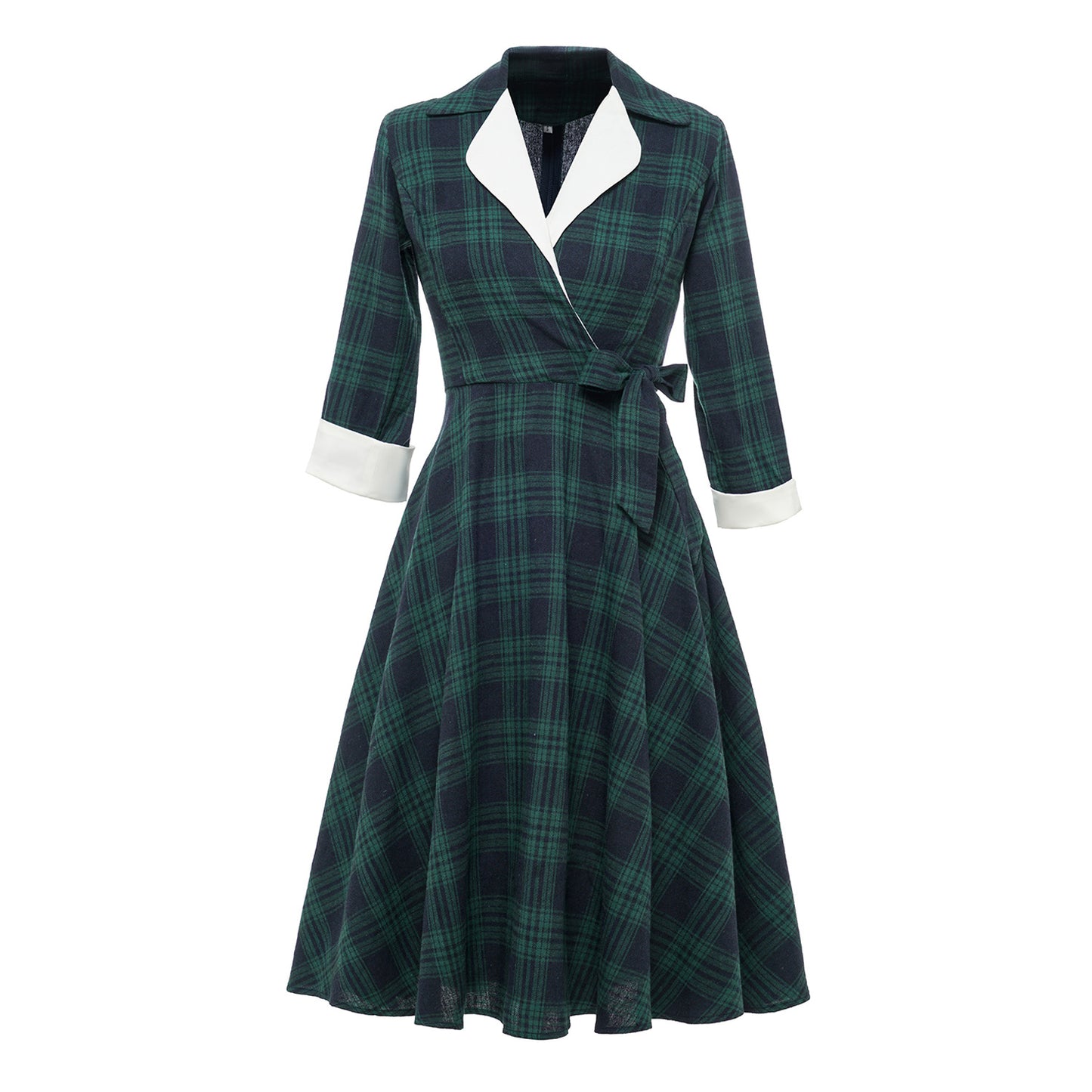 Green Plaid Swing Puffy Long Sleeve Dresses