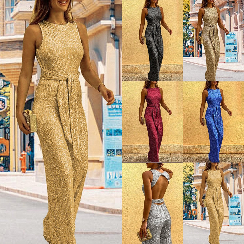 Women's Summer Round Neck Sleeveless Personalized Sequined Sier Fashion Casual Suit