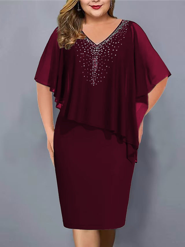 Women's Chiffon Stitching Rhinestone Irregular Half Sleeve Dresses
