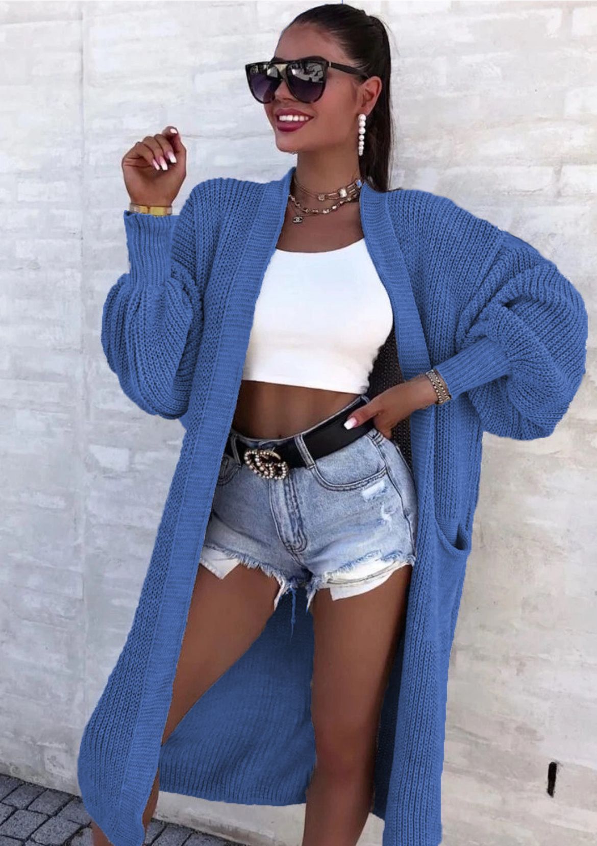 Women's Versatile Thick Needle Pocket Long Solid Knitwear