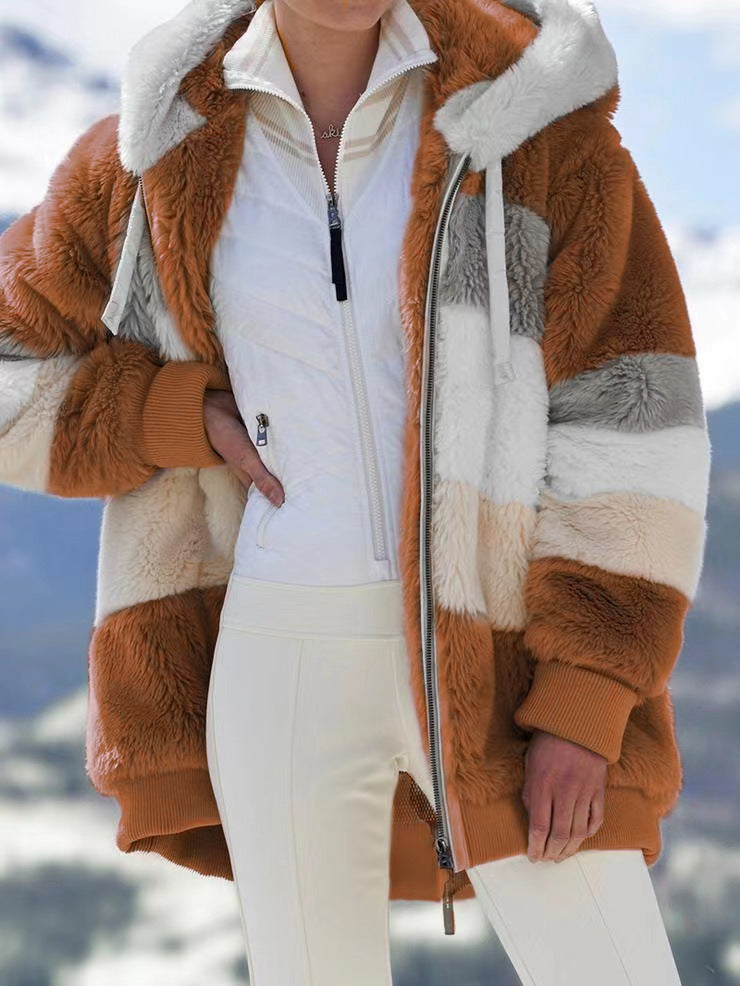 Women's Warm Plush Patchwork Zipper Pocket Hooded Coats