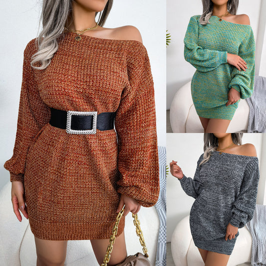 Women's Casual Collar Color Lantern Sleeve Knitted Dress